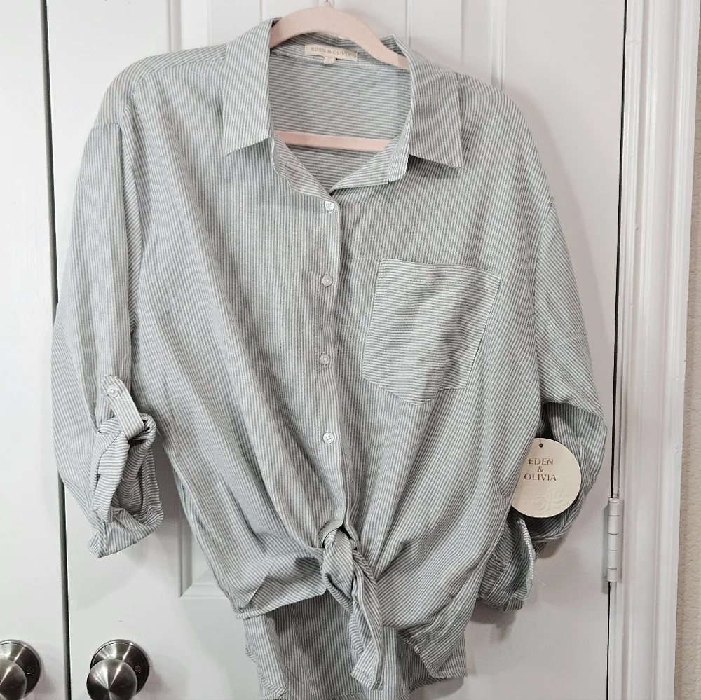 Eden & Olivia White and Green Striped Button-Down Shirt - Picture 7 of 8